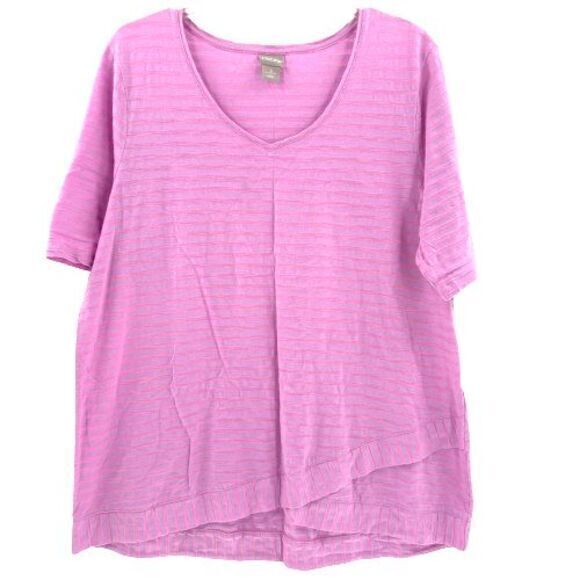 Chico's Striped Short‎ Sleeve Scoop Neck High Low Pullover Shirt Women's XL Pink - Picture 1 of 7